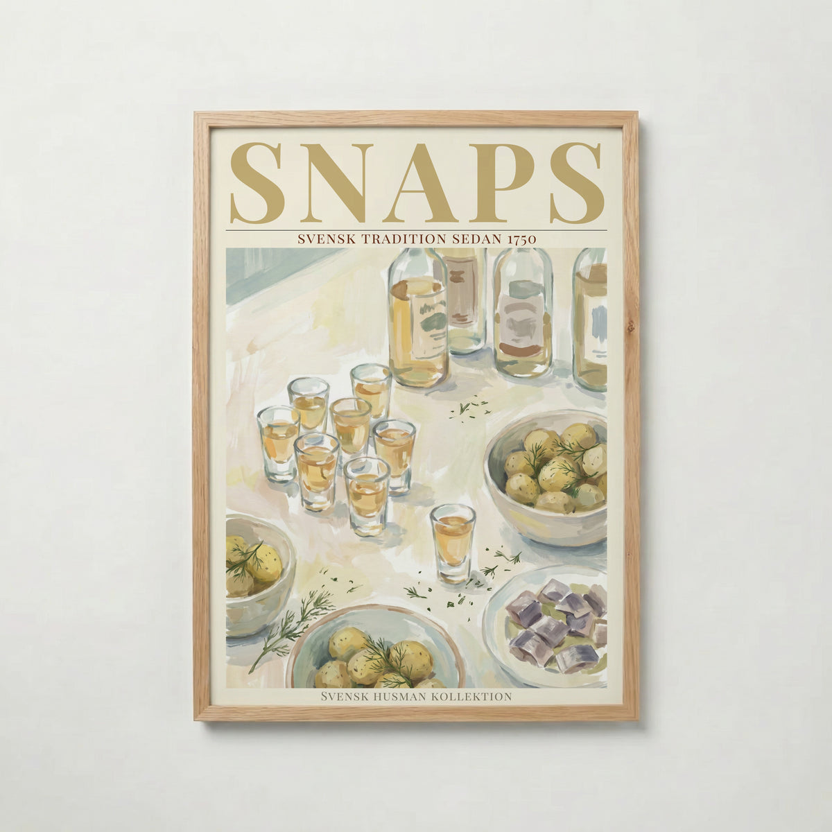 Snaps poster inramad i ljus ekram med naturligt träutseende – från Bozetto i hög tryckkvalitet