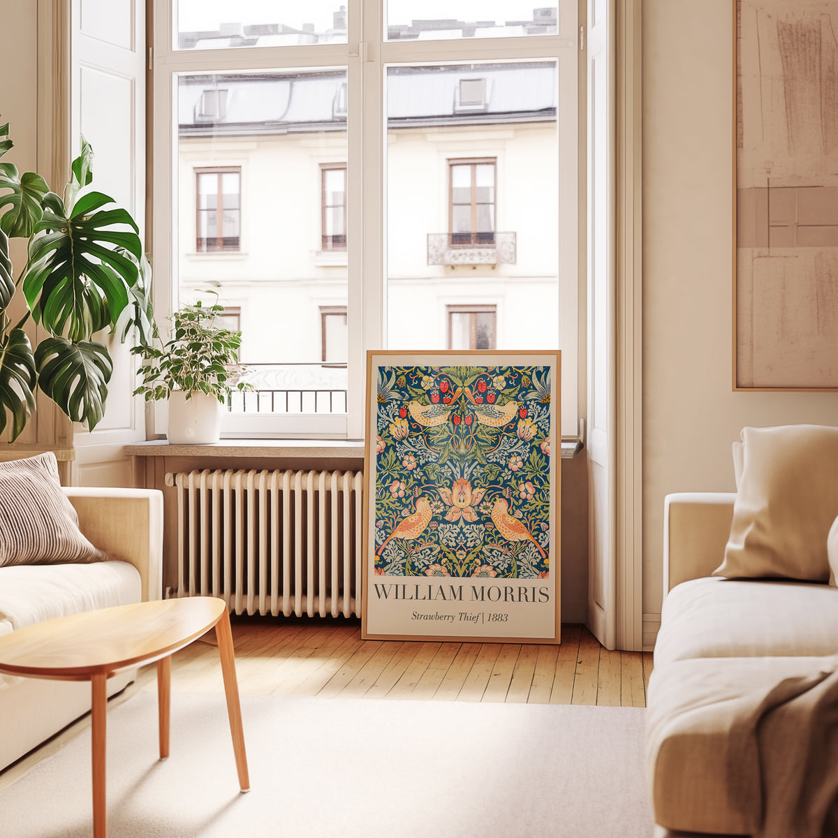 Mockup av William Morris Strawberry affisch på vägg – köp enkelt hos Bozetto i hög kvalitet