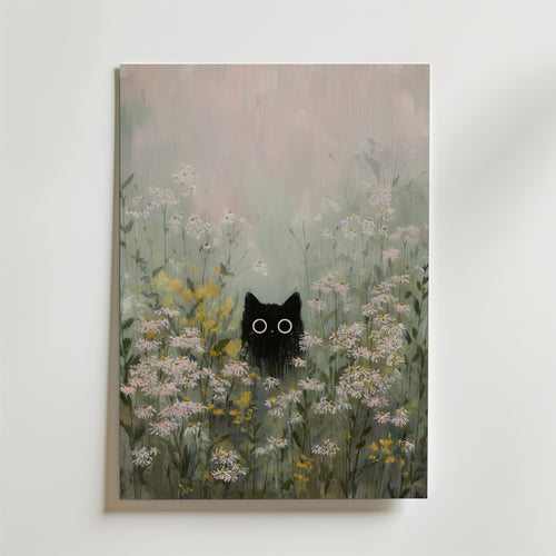 Silent Meadow Cat – stilfullt konsttryck från Bozetto, tryckt på matt finpapper i hög tryckkvalitet