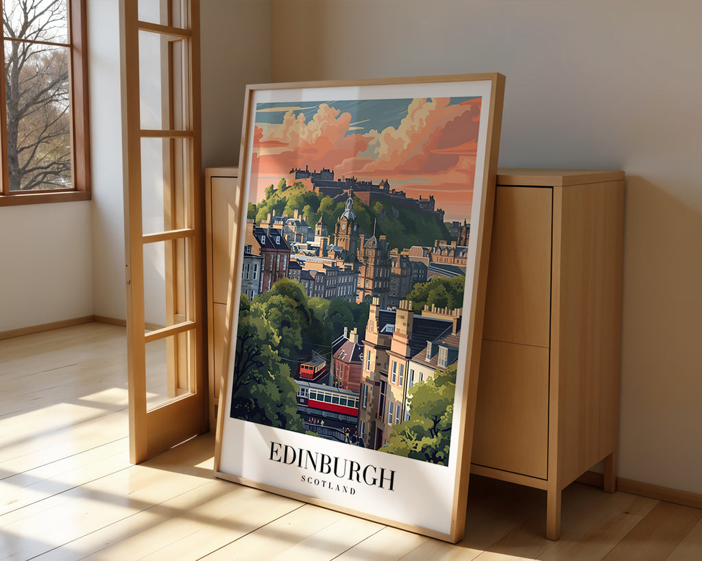 Mockup av Edinburgh Beneath The Castle affisch på vägg – köp enkelt hos Bozetto i hög kvalitet