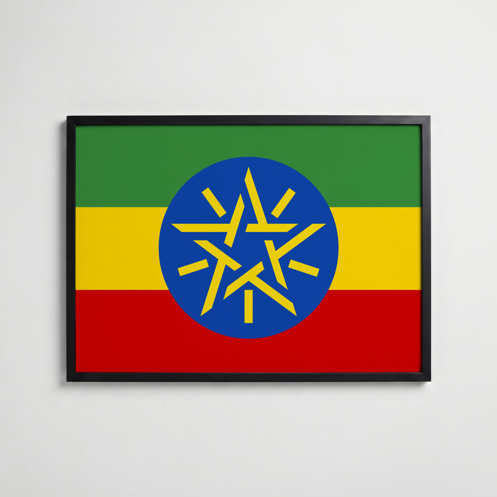 Ethiopia National Flag Poster i svart ram – stilren konsttryck som väggdekor från Bozetto