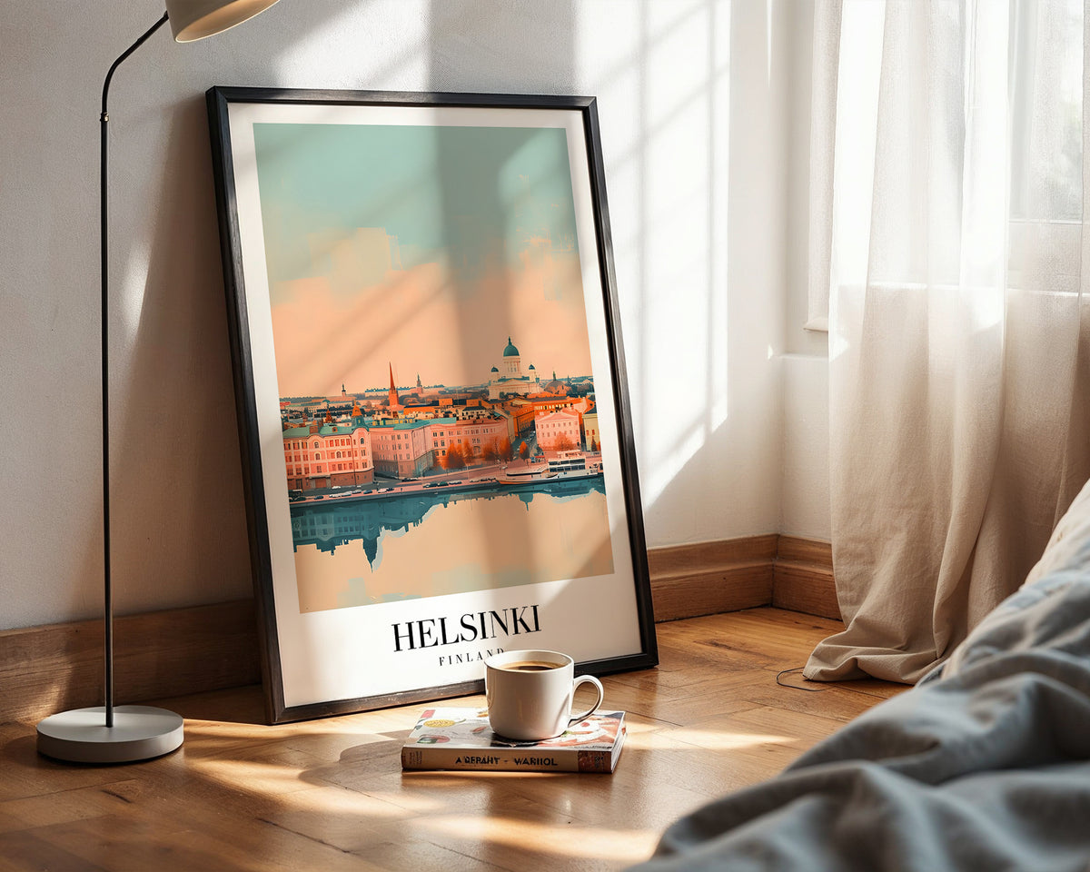 Väggmockup av The Helsinki affisch på ljus tegelvägg – Bozetto konsttryck i hög tryckkvalitet