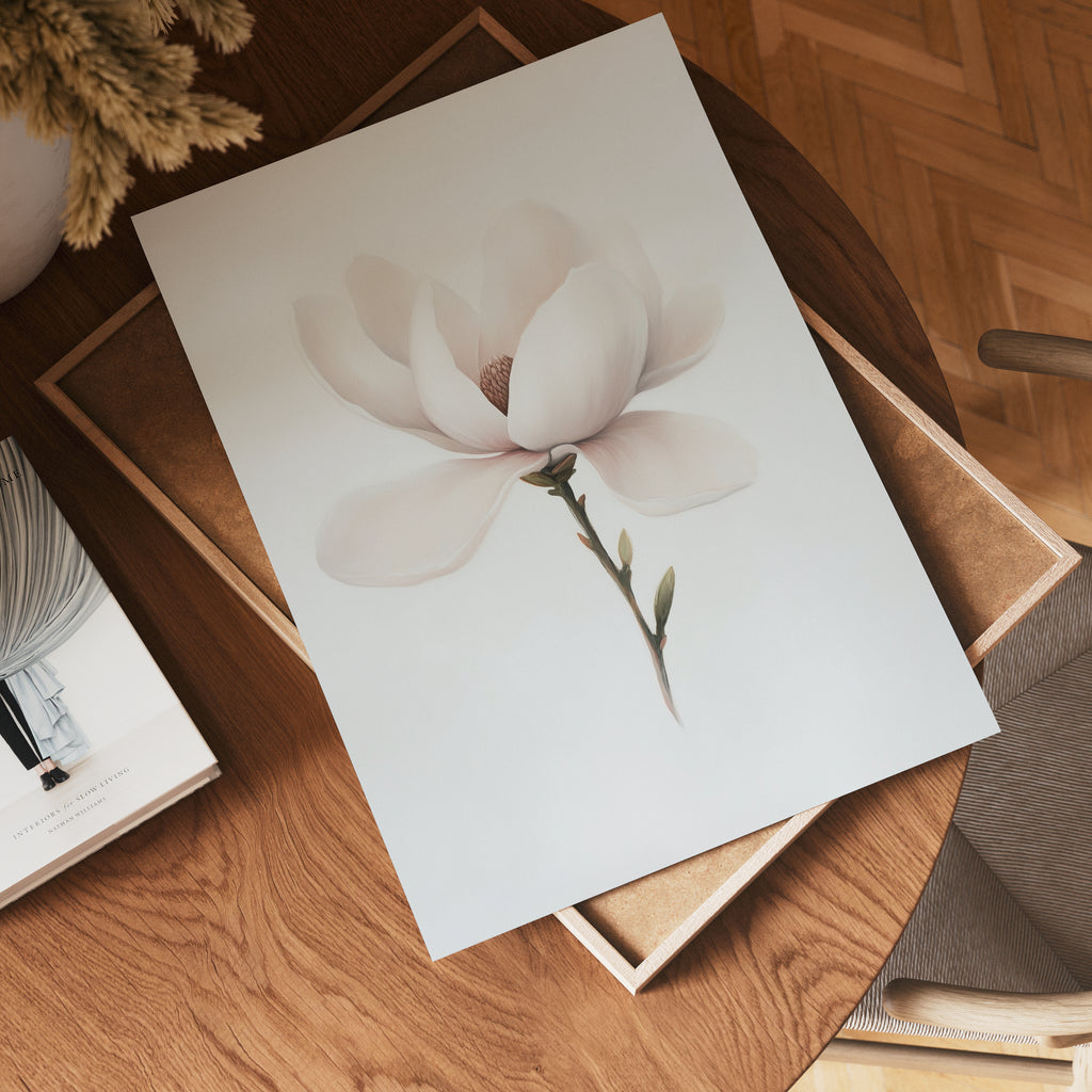 Minimalist magnolia poster visad rakt fram – Bozetto affisch i hög tryckkvalitet