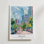 Dallas Skyline – stilfullt konsttryck från Bozetto, tryckt på matt finpapper i hög tryckkvalitet