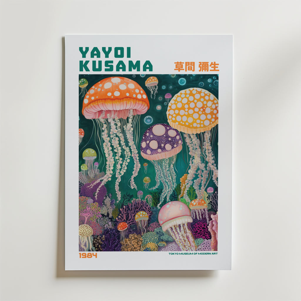 Mockup av Yayoi Kusama Deep Sea affisch på vägg – köp enkelt hos Bozetto i hög kvalitet