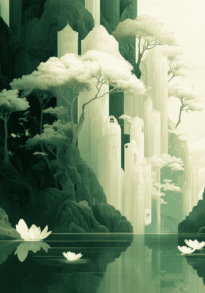Serenity of the Forgotten Peaks – stilfullt konsttryck från Bozetto, tryckt på matt finpapper