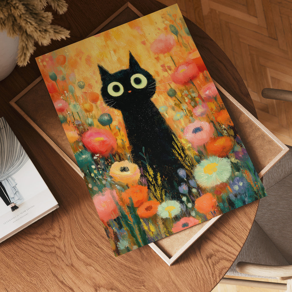 Midnight Bloom Cat affisch på vit bakgrund – köp enkelt hos Bozetto i hög kvalitet