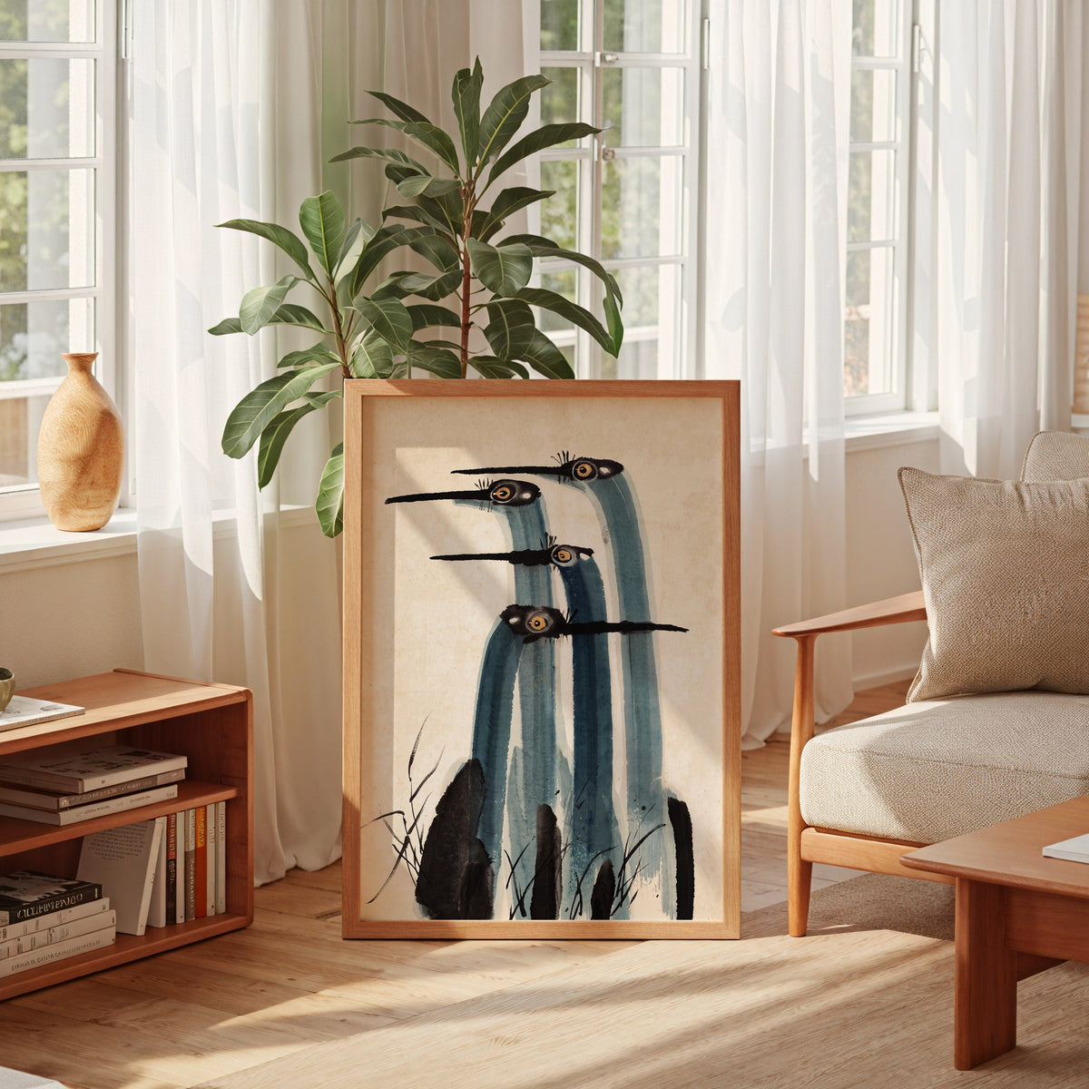 Ink Cranes Poster, japanskt tranmotiv i tusch på vägg i hemmiljö, konsttryck från Bozetto