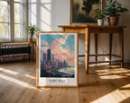 Mockup av Chicago Skyline Reflections affisch på vägg – köp enkelt hos Bozetto i hög kvalitet