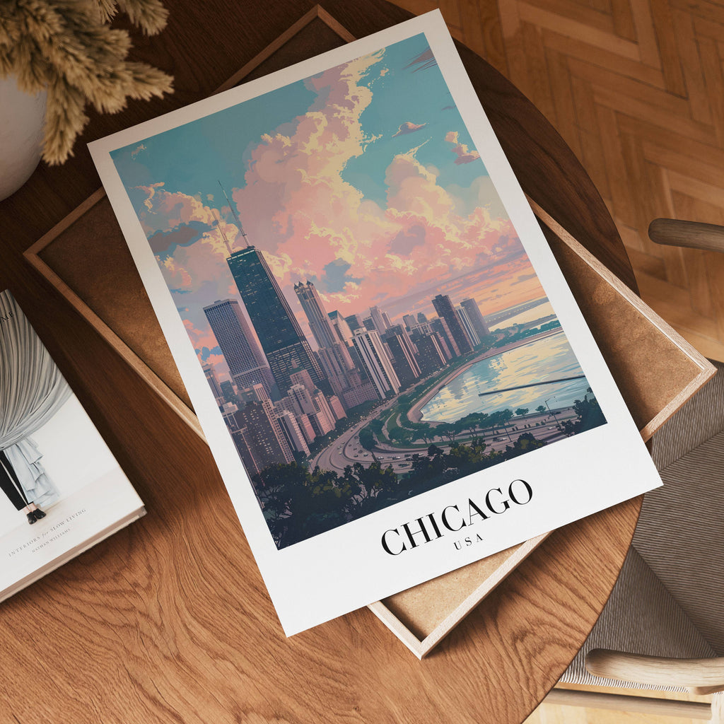 Chicago Skyline Reflections poster visad rakt fram – Bozetto affisch i hög tryckkvalitet