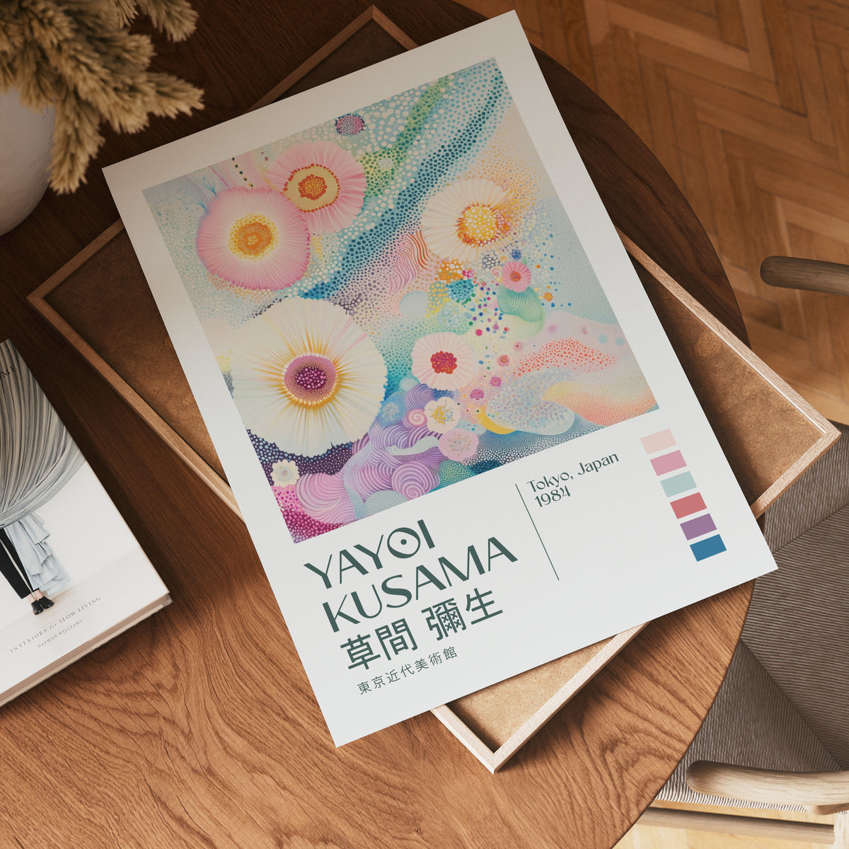 Yayoi Kusama Ethereal Bloom i väggmockup – konsttryck från Bozetto i hög kvalitet
