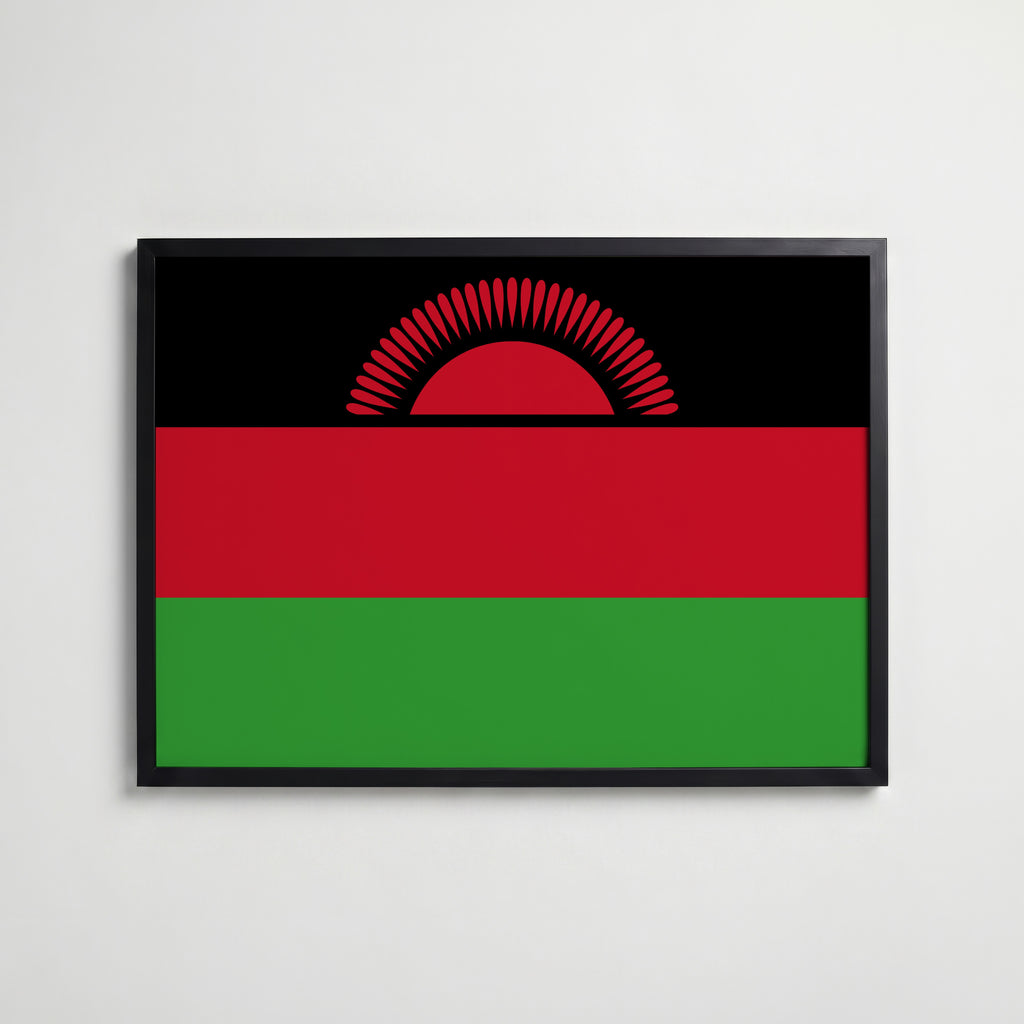 Malawi National Flag Poster i svart ram – stilren konsttryck som väggdekor från Bozetto