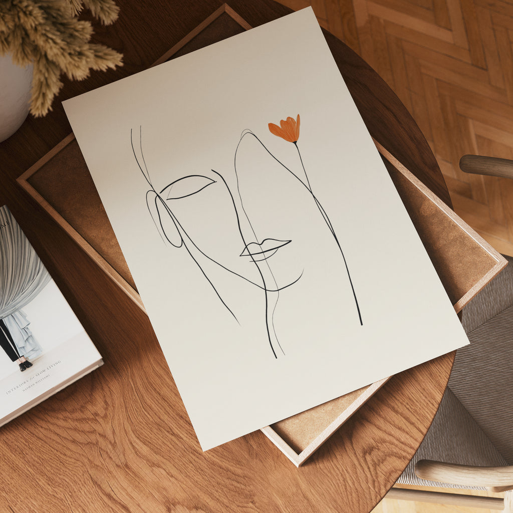 Orange Flower Line Face – affisch med stilfullt motiv från Bozetto i hög kvalitet
