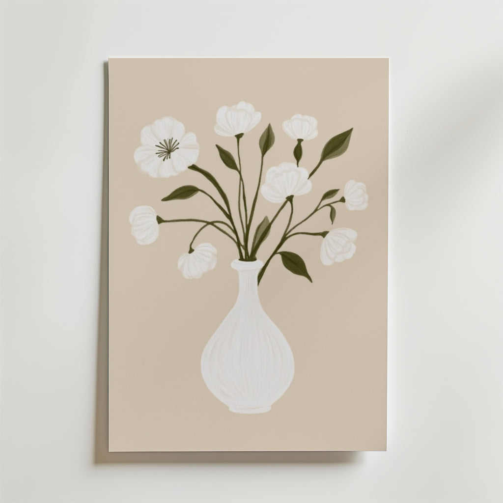 Minimalist Floral White Vase – stilfullt konsttryck från Bozetto, tryckt på matt finpapper