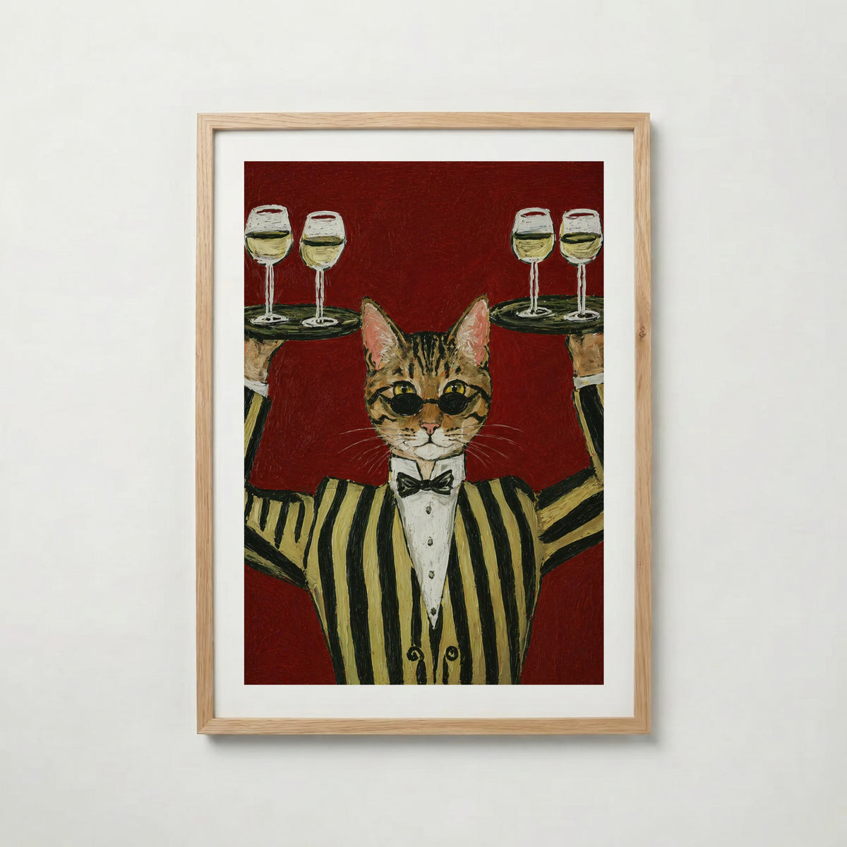 Champagne Cat i ekram med ljust trä – köp enkelt hos Bozetto affisch i hög kvalitet