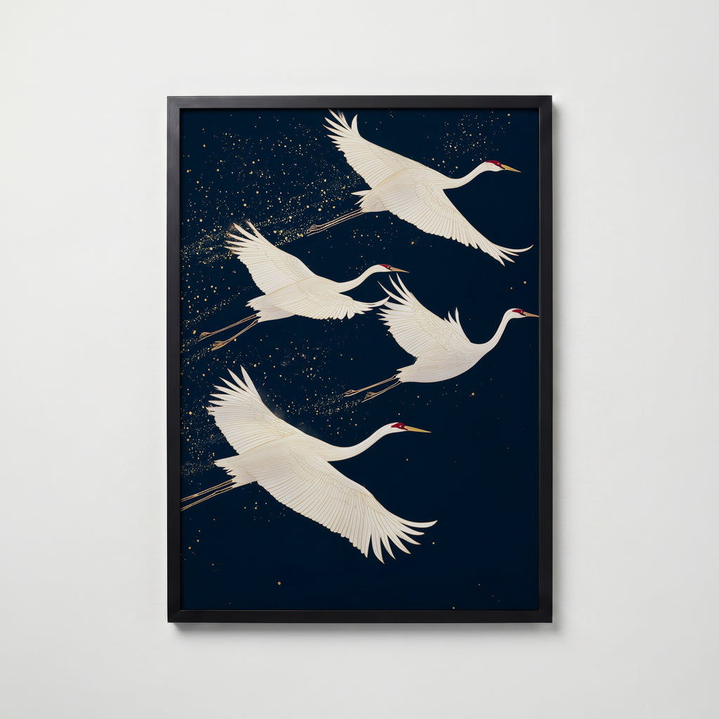 Midnight Cranes konsttryck på vit bakgrund – elegant Bozetto affisch för hemmet i hög tryckkvalitet