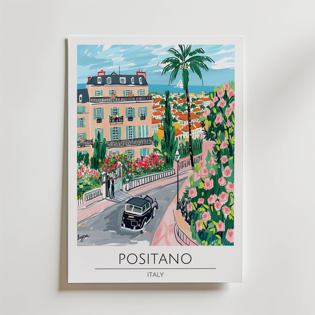 Storleksguide för Positano Coastal Garden View – affisch från Bozetto i hög kvalitet