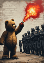 Teddy Bear Flamethrower poster visad rakt fram – Bozetto affisch i hög tryckkvalitet