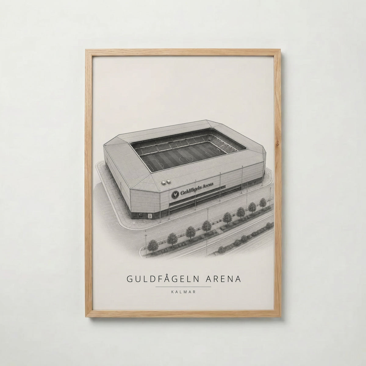 Guldfågeln Arena i ekram med ljust trä – köp enkelt hos Bozetto affisch i hög kvalitet
