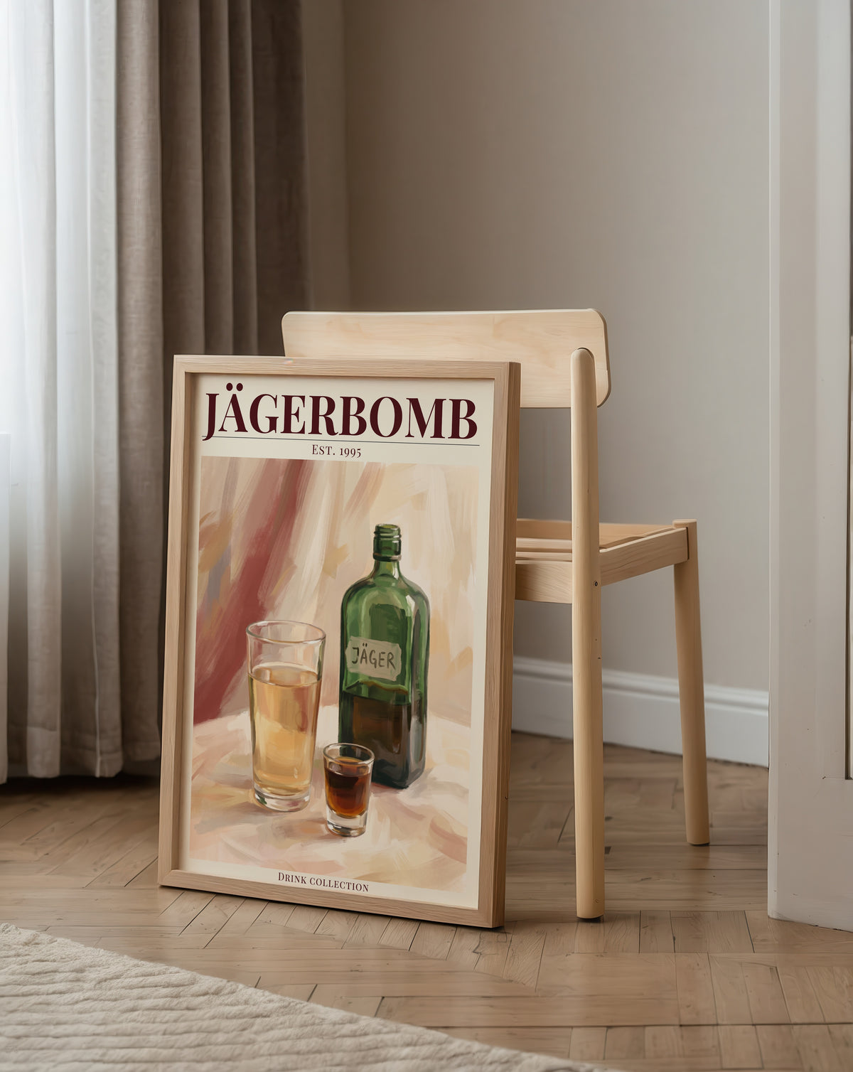 Jägerbomb affisch i ljust minimalistiskt vardagsrum – köp enkelt hos Bozetto i hög kvalitet