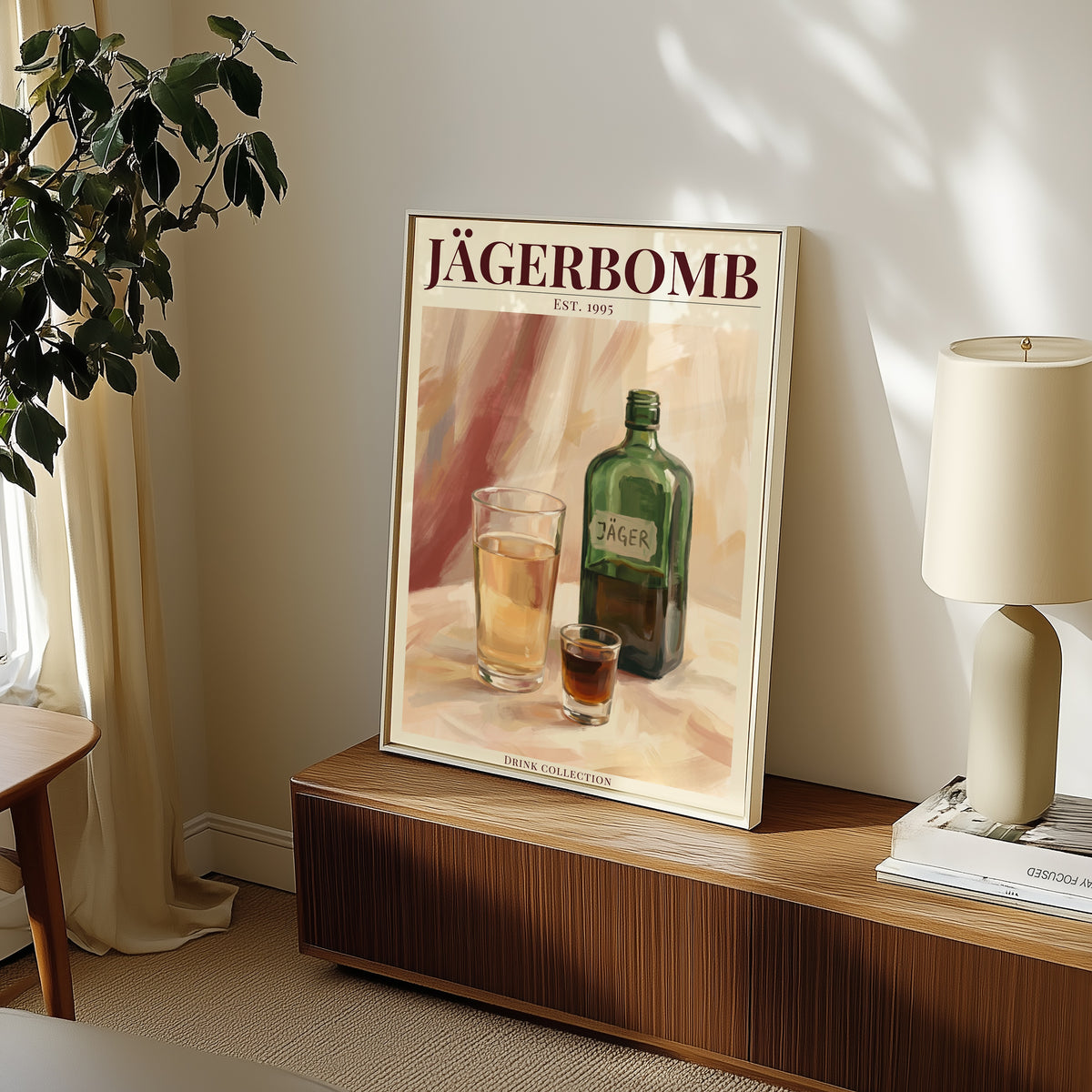 Jägerbomb affisch i minimalistiskt sovrum – köp enkelt hos Bozetto i hög kvalitet