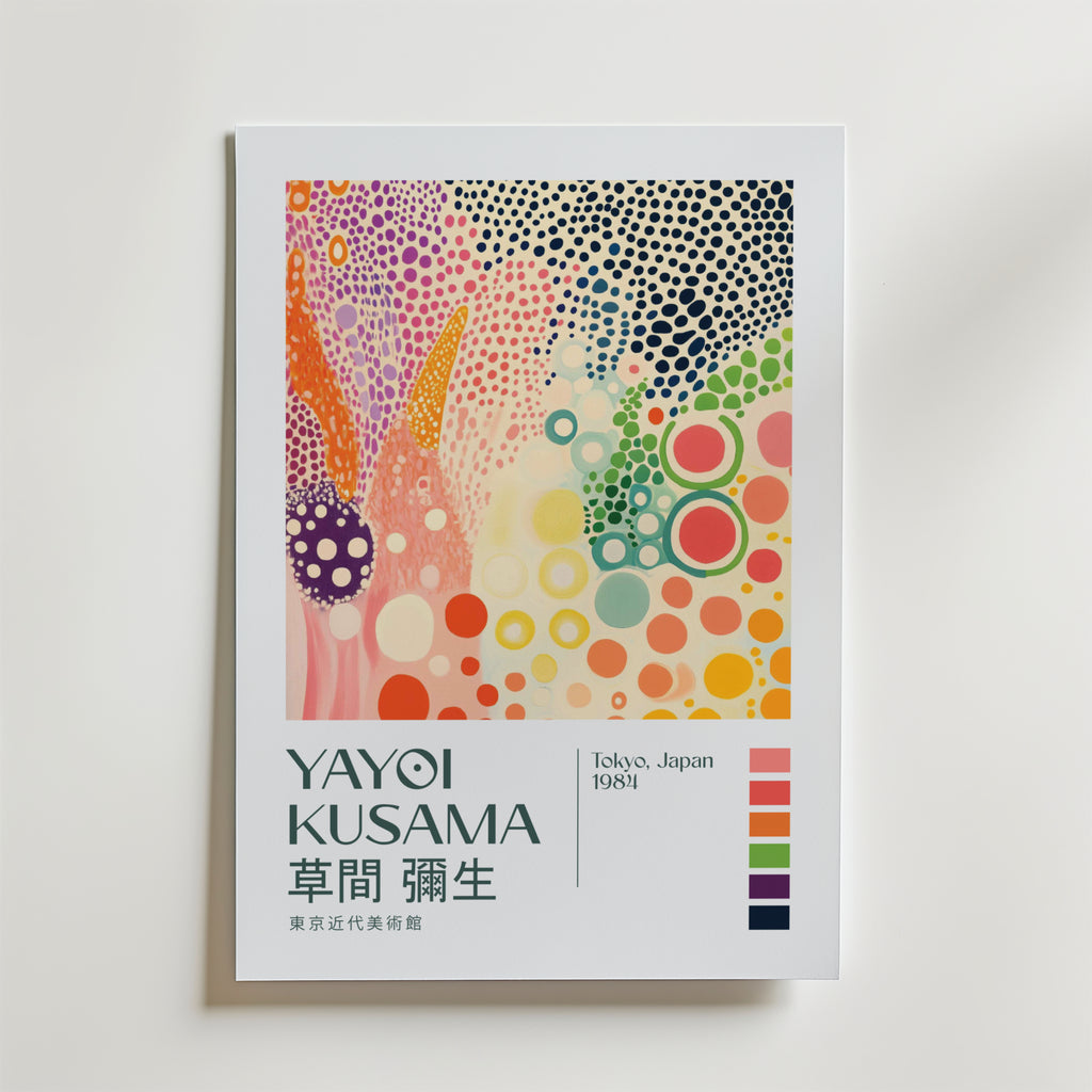 Mockup av Yayoi Kusama Kaleidoscope affisch på vägg – köp enkelt hos Bozetto i hög kvalitet