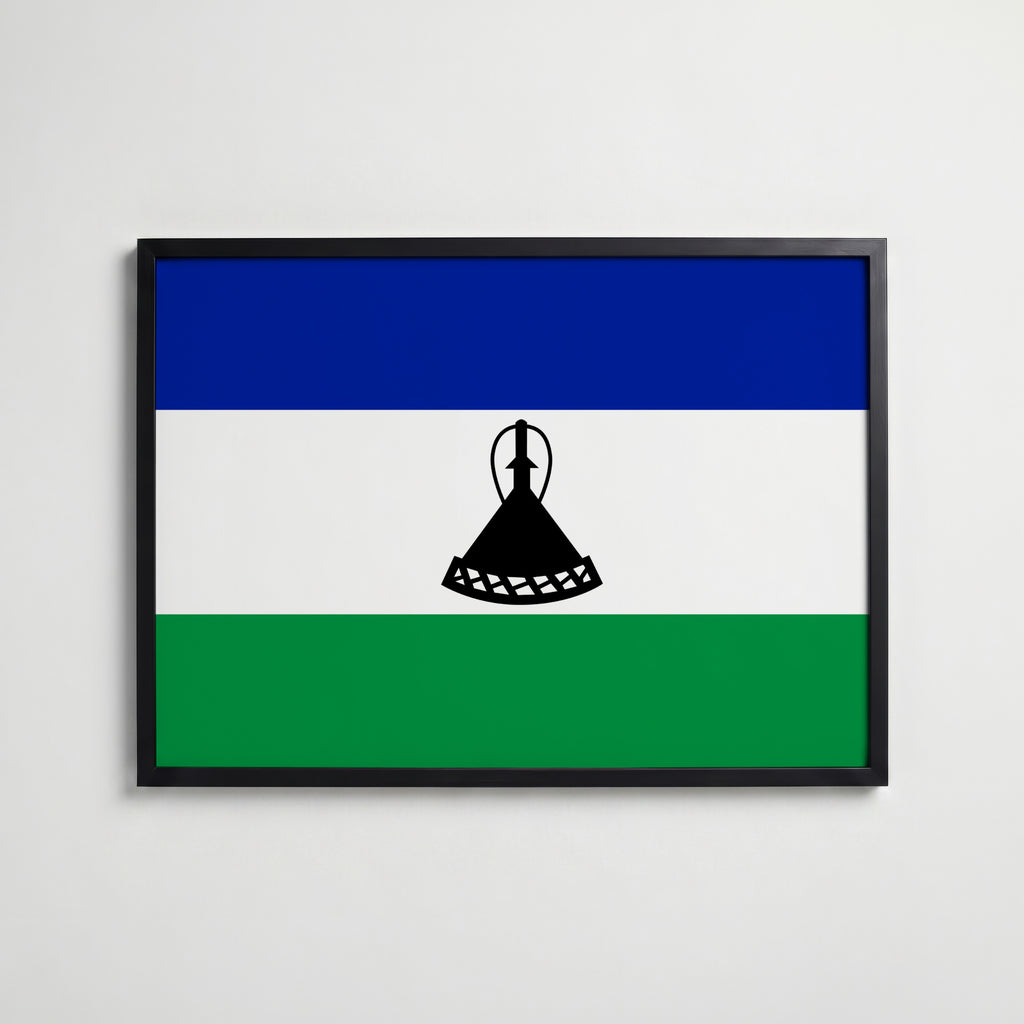 Lesotho National Flag Poster i svart ram – stilren konsttryck som väggdekor från Bozetto