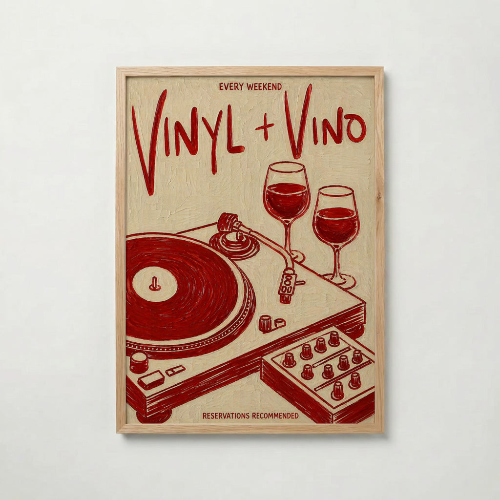Vinyl & Vino i ekram med ljust trä – köp enkelt hos Bozetto affisch i hög kvalitet