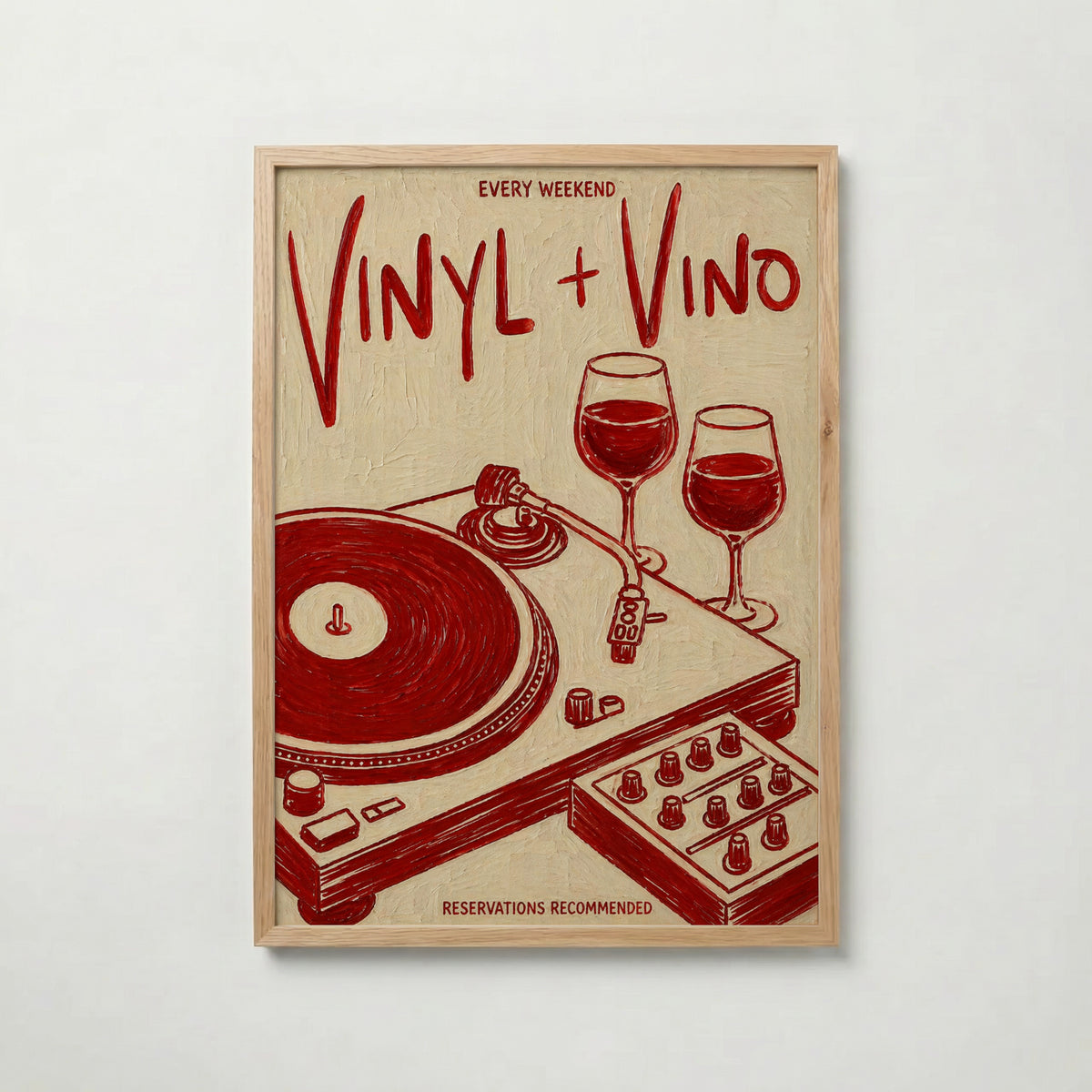 Vinyl & Vino i ekram med ljust trä – köp enkelt hos Bozetto affisch i hög kvalitet