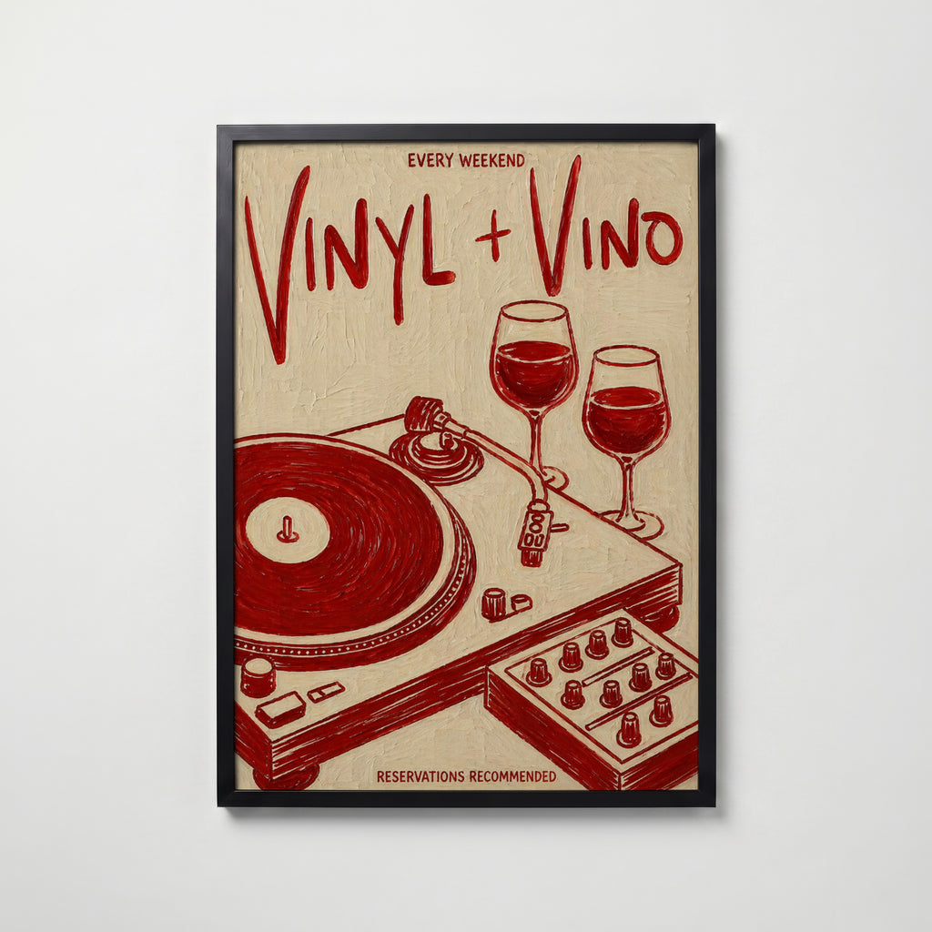 Vinyl & Vino i svart ram på vägg – köp enkelt hos Bozetto affisch i hög kvalitet