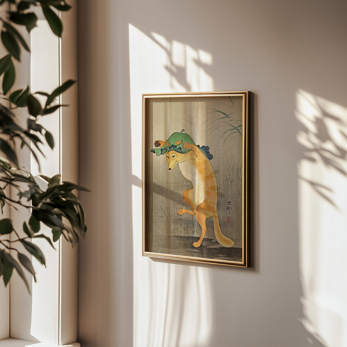 Dancing Fox Ohara Koson affisch i minimalistiskt sovrum – köp enkelt hos Bozetto