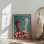 Mockup av Heart & Spade Geese affisch på vägg – köp enkelt hos Bozetto i hög kvalitet