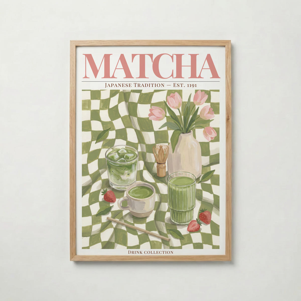 Matcha poster inramad i ljus ekram med naturligt träutseende – från Bozetto i hög tryckkvalitet