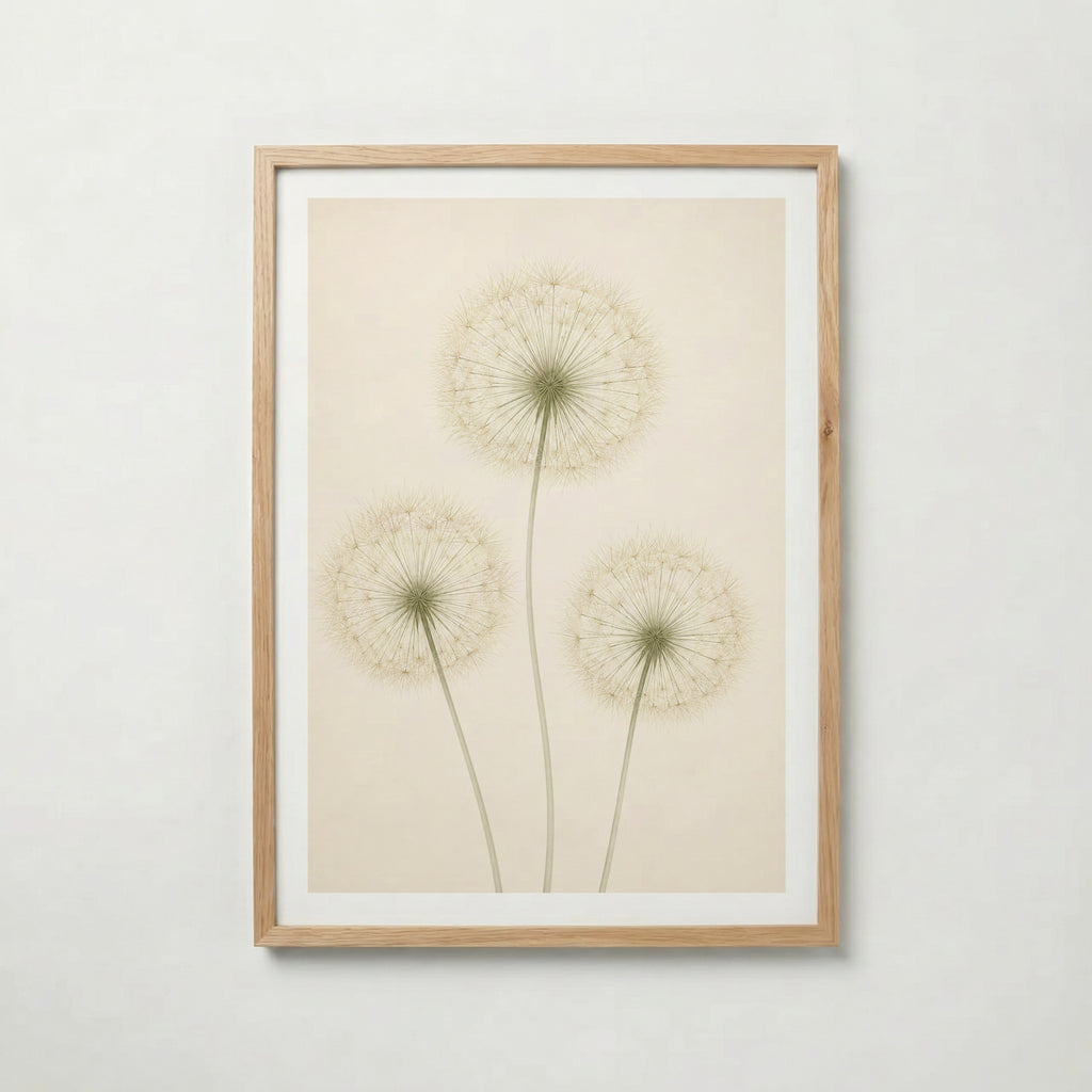 Quiet Dandelion Trio i ekram med ljust trä – köp enkelt hos Bozetto affisch i hög kvalitet
