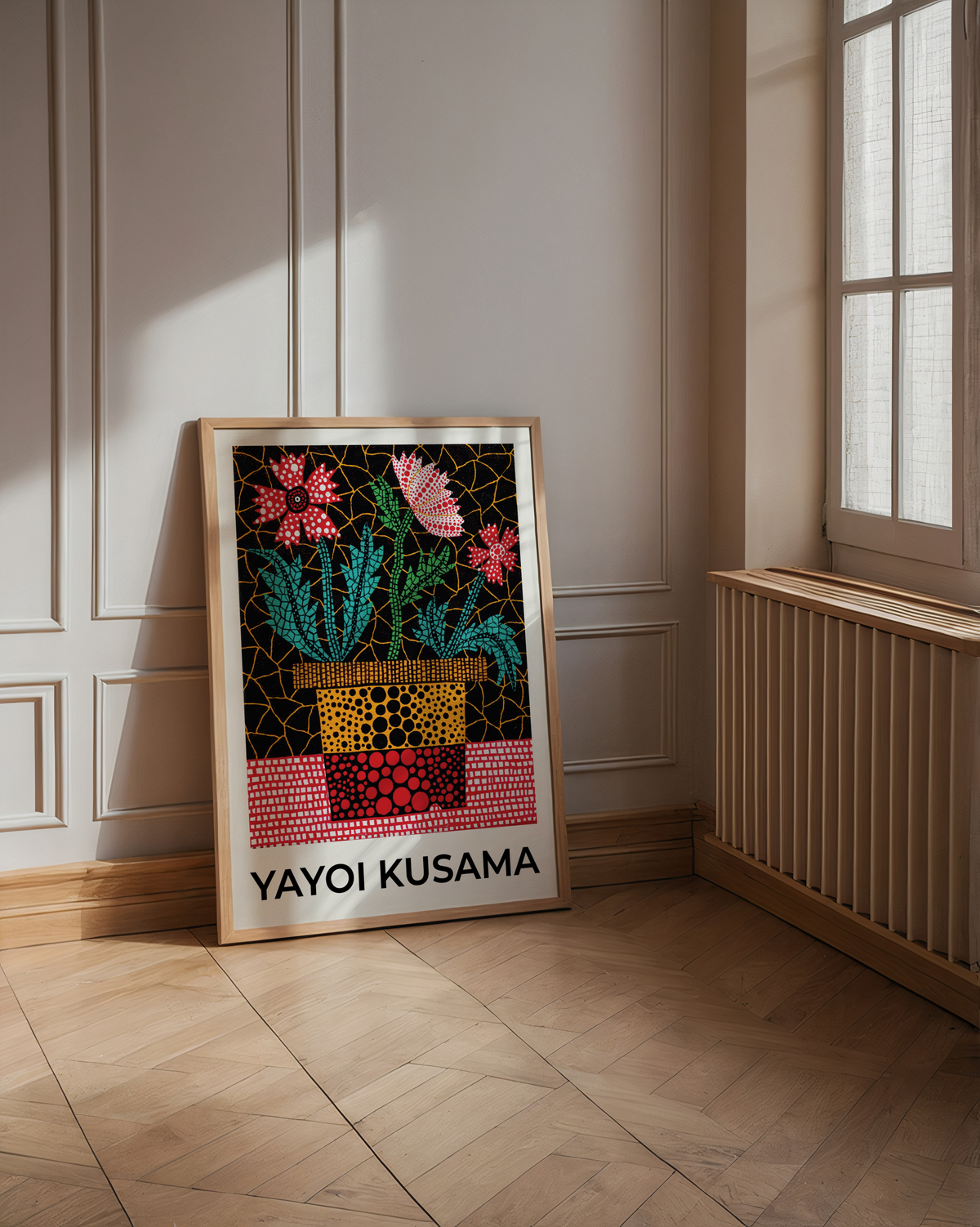 Mockup av Yayoi Kusama Garden Rhythm affisch på vägg – köp enkelt hos Bozetto i hög kvalitet