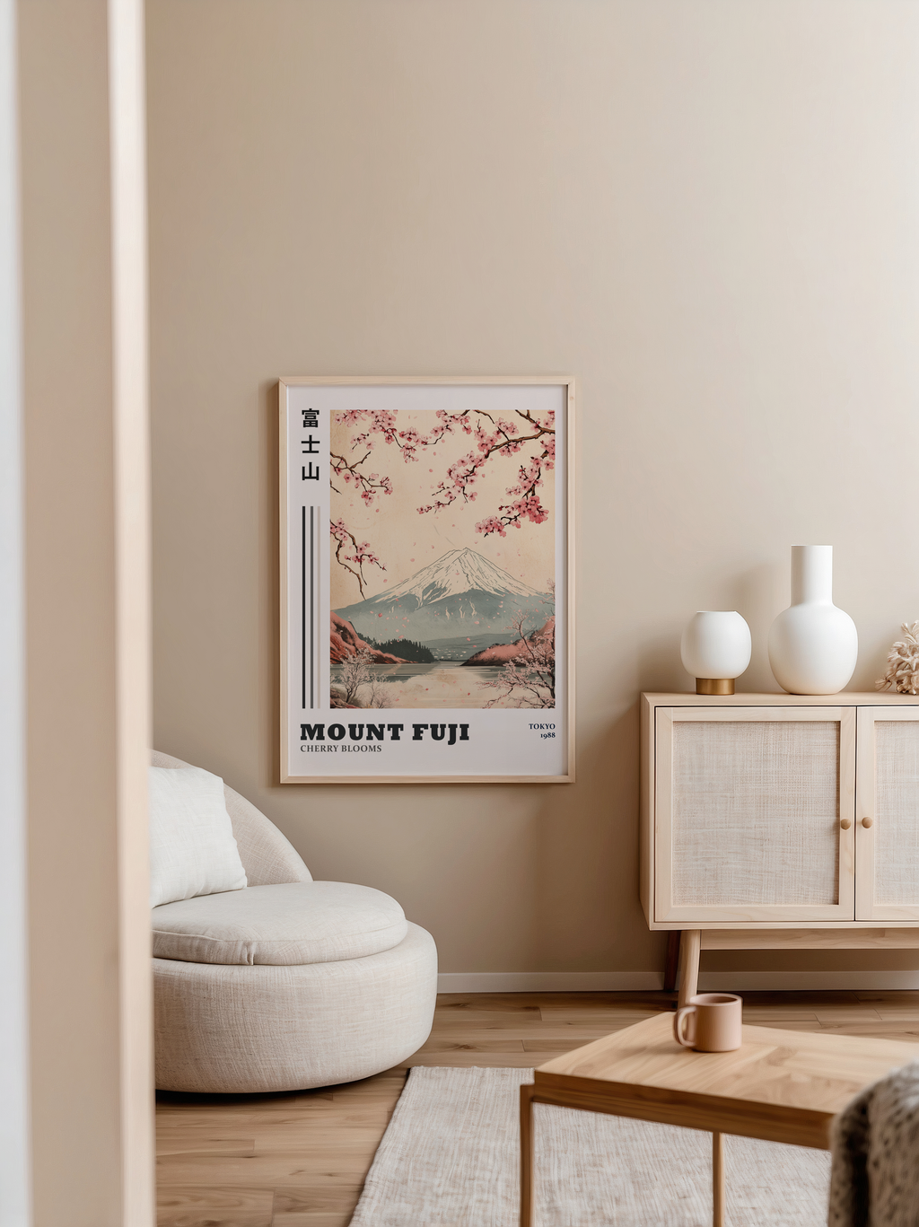 Väggmockup av Mount Fuji affisch på ljus tegelvägg – Bozetto konsttryck i hög tryckkvalitet