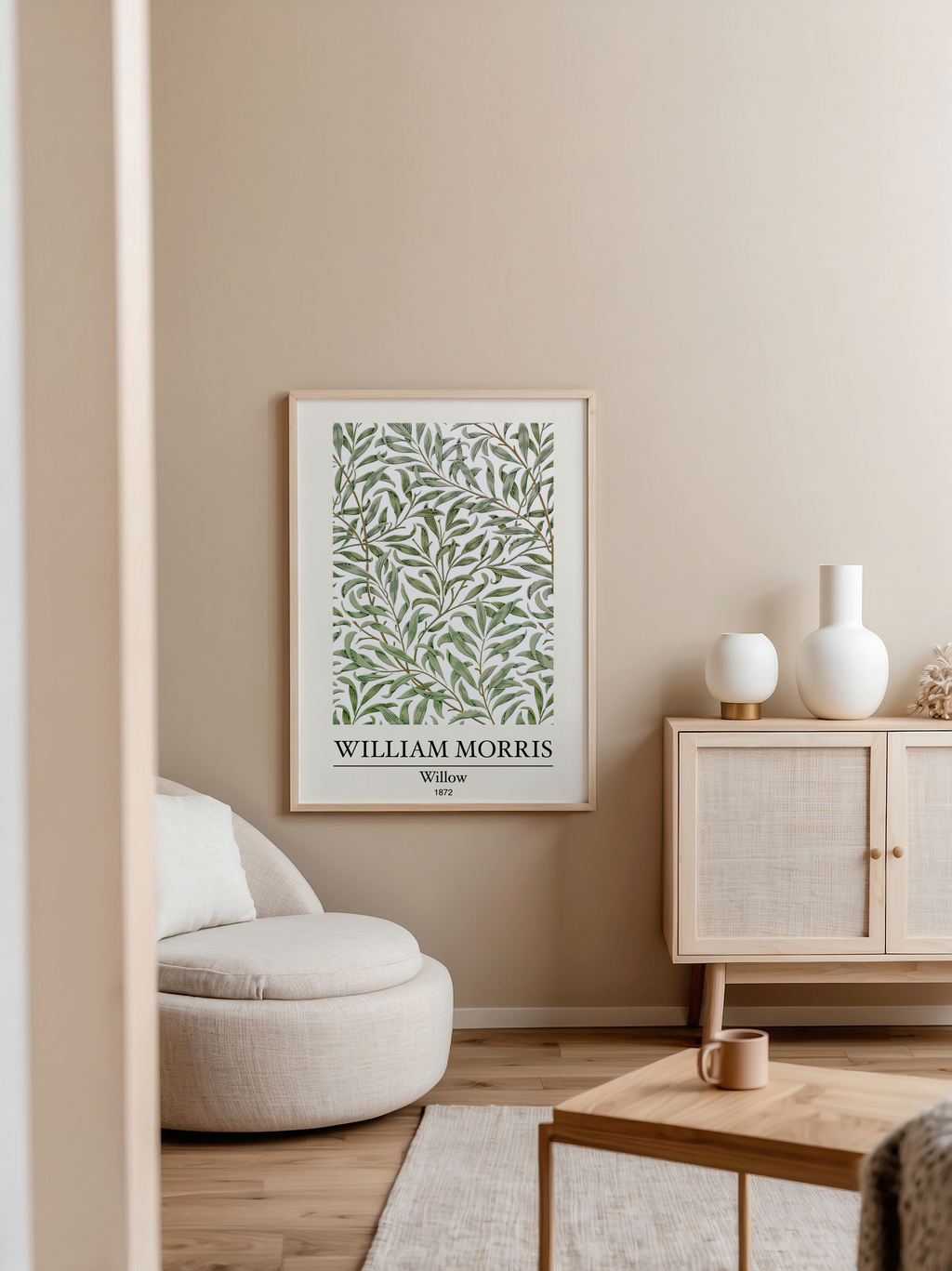 Mockup av William Morris Willow affisch på vägg – köp enkelt hos Bozetto i hög kvalitet
