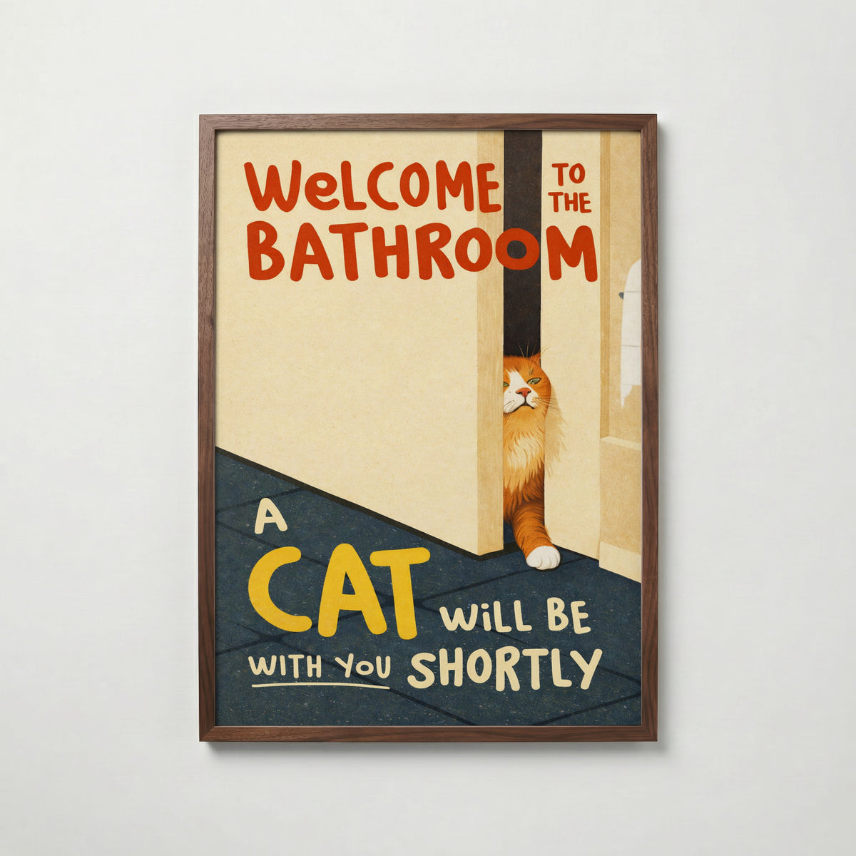 Bathroom Waiting Cat affisch på vit bakgrund – köp enkelt hos Bozetto i hög kvalitet