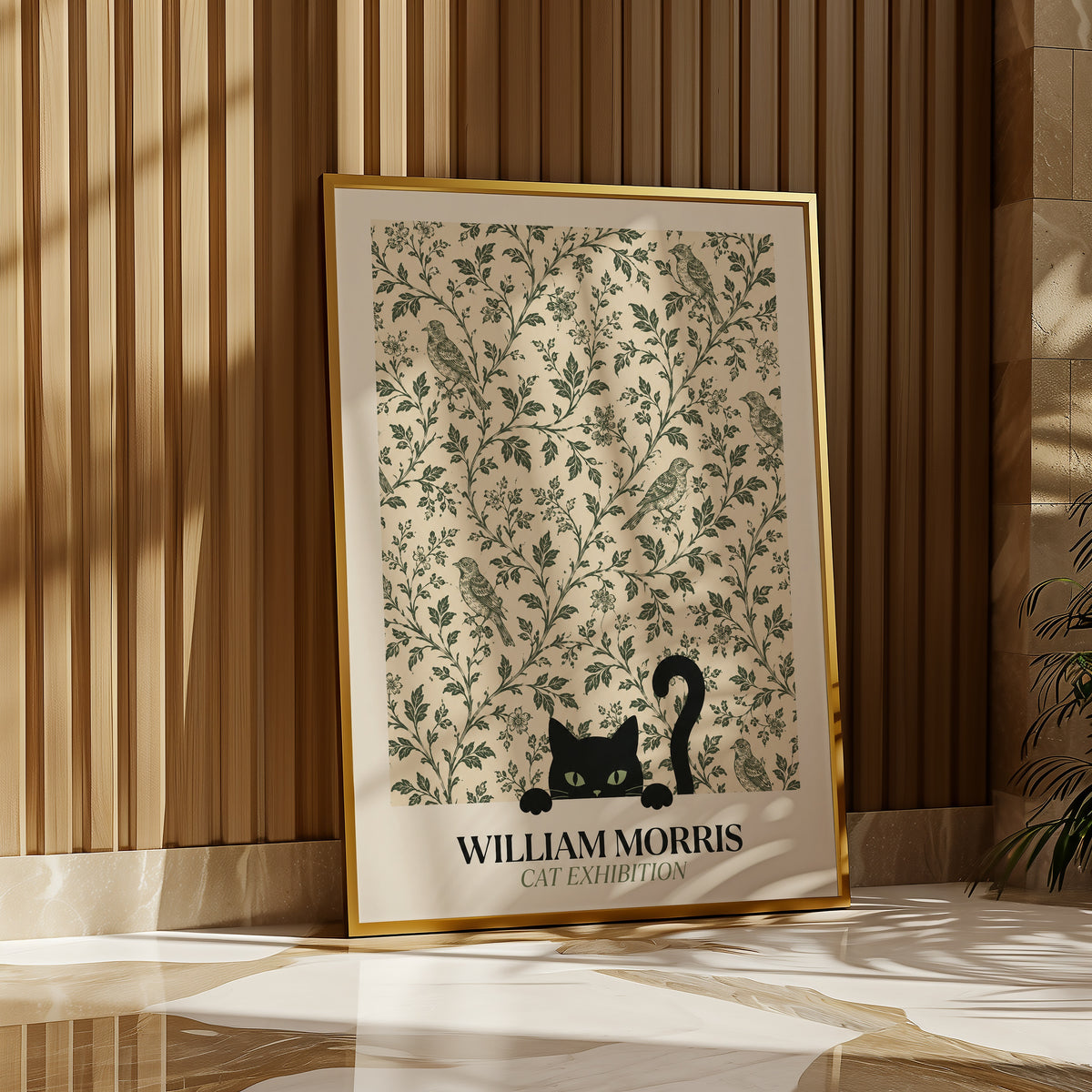Cat Among the Birds William Morris Poster – svart katt kikar nyfiket fram ur William Morris fågelmönster