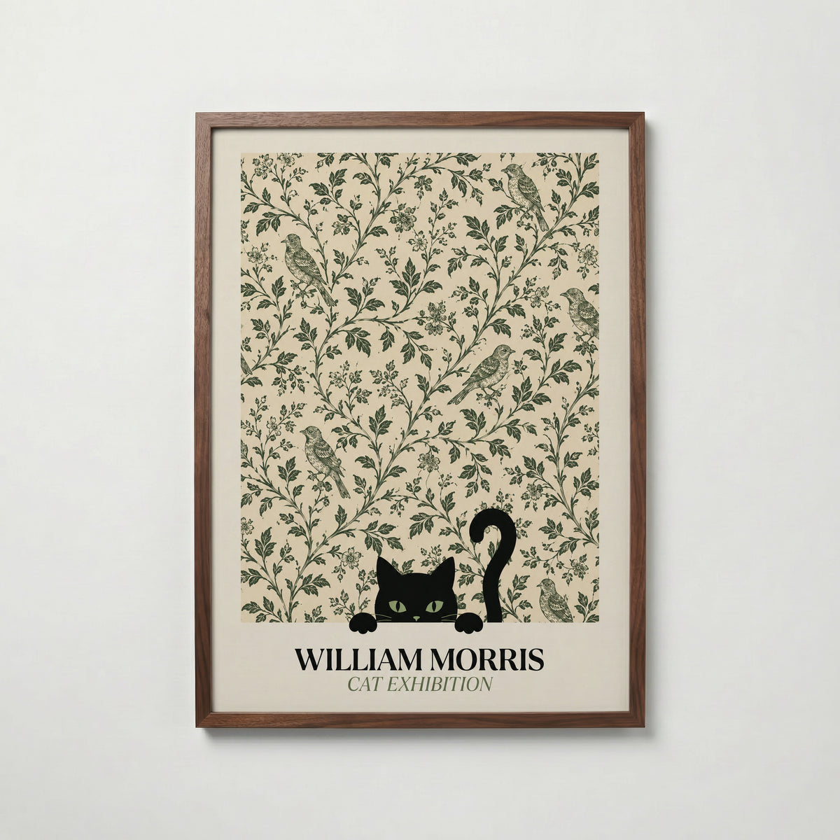 Cat Among the Birds William Morris Poster – svart katt kikar nyfiket fram ur William Morris fågelmönster