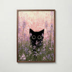 Cat in Bloom Poster – svart katt bland rosa ängsblommor i valnötsram, konst från Bozetto