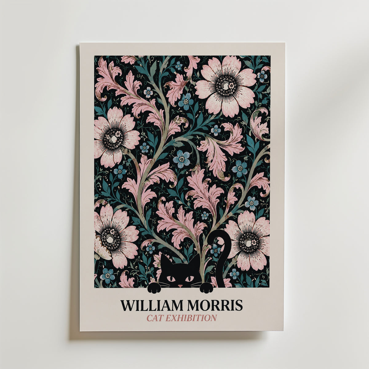 Cat in the Anemone William Morris Poster – svart katt bland William Morris anemonemönster i svart och rosa