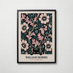 Cat in the Anemone William Morris Poster – svart katt bland William Morris anemonemönster i svart och rosa