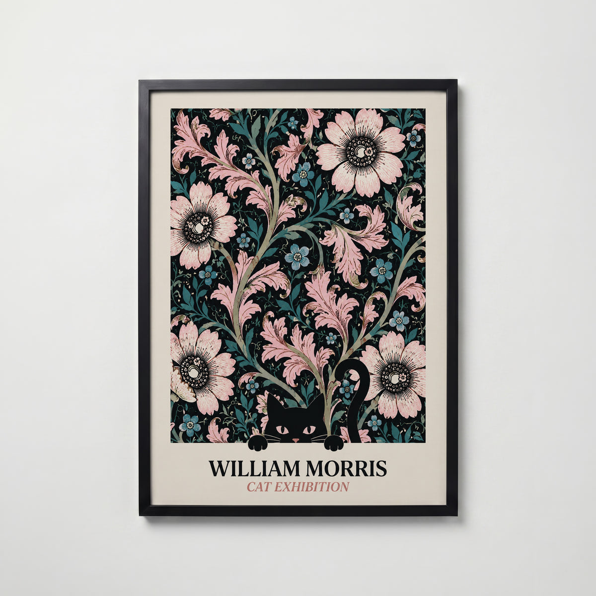 Cat in the Anemone William Morris Poster – svart katt bland William Morris anemonemönster i svart och rosa