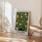 Cat in the Golden Garden William Morris Poster – svart katt i William Morris gyllene trädgård på mörkgrön botten
