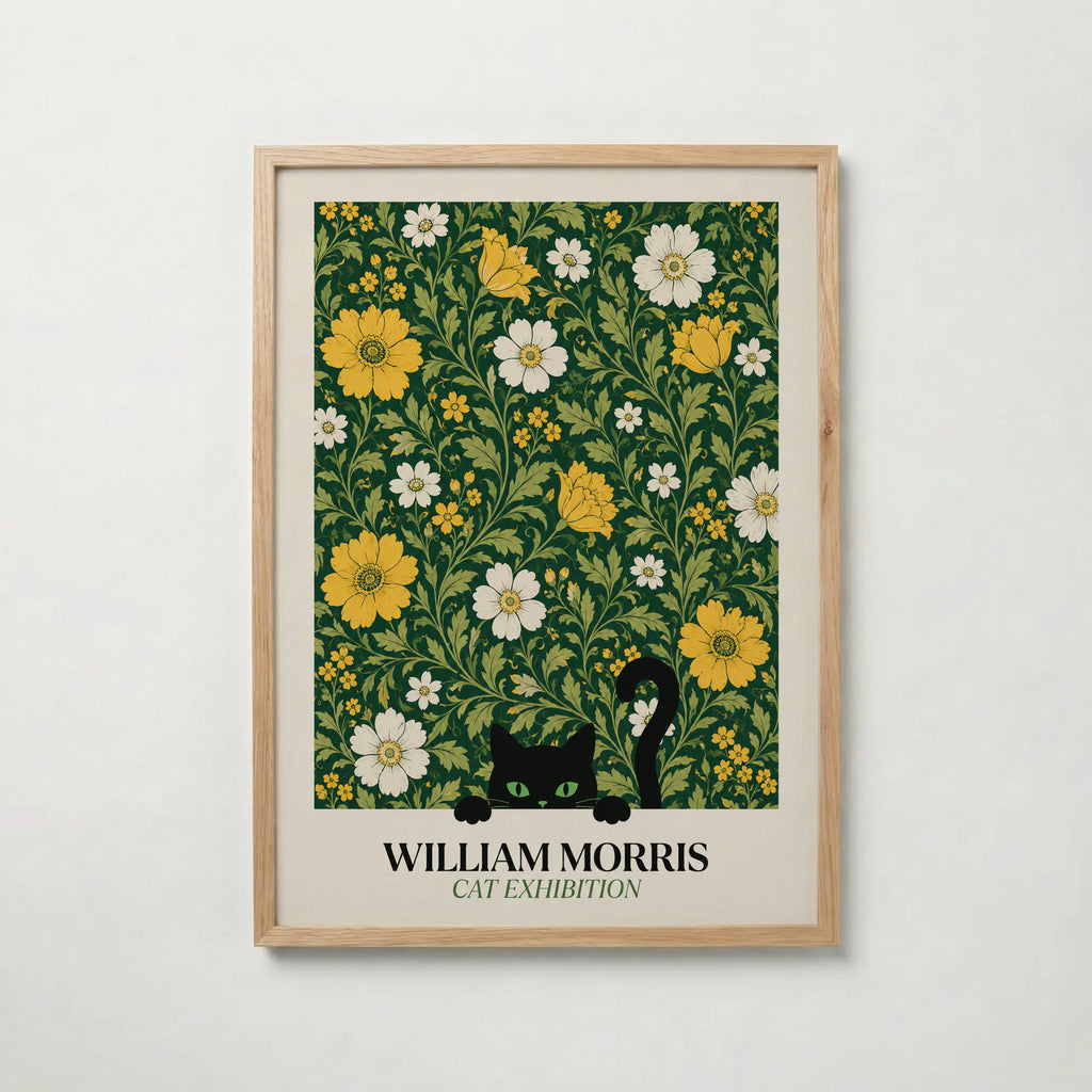 Cat in the Golden Garden William Morris Poster – svart katt i William Morris gyllene trädgård på mörkgrön botten