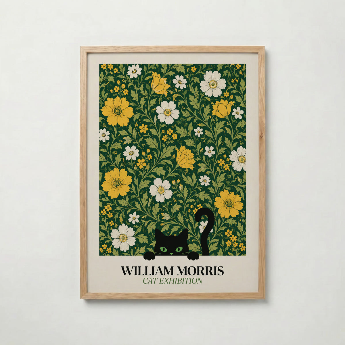 Cat in the Golden Garden William Morris Poster – svart katt i William Morris gyllene trädgård på mörkgrön botten