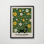 Cat in the Golden Garden William Morris Poster – svart katt i William Morris gyllene trädgård på mörkgrön botten