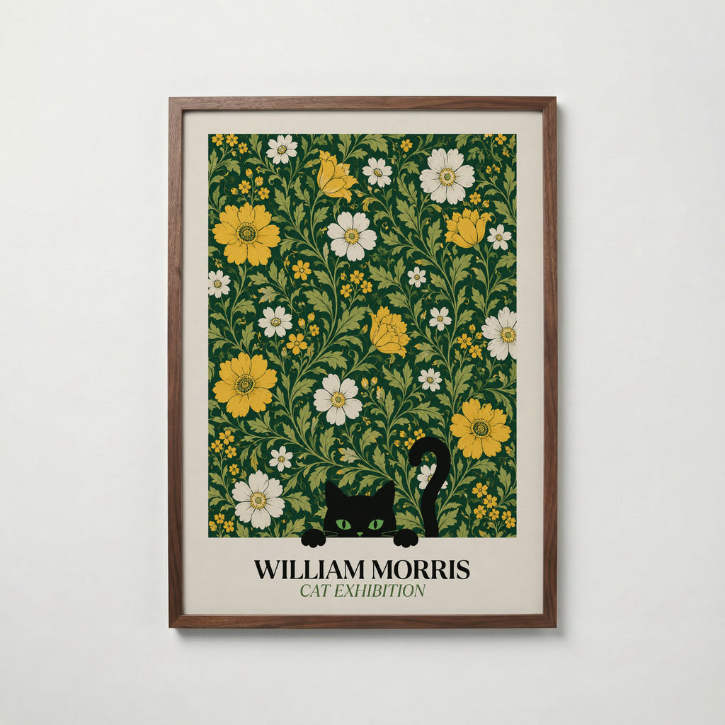 Cat in the Golden Garden William Morris Poster – svart katt i William Morris gyllene trädgård på mörkgrön botten