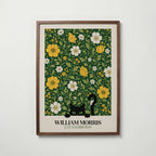 Cat in the Golden Garden William Morris Poster – svart katt i William Morris gyllene trädgård på mörkgrön botten